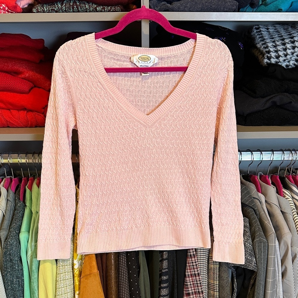 Talbots pink cable knit long sleeve v neck Pima cotton sweater size P